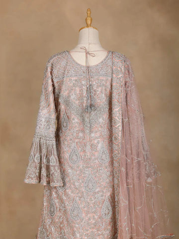Pale Pink Bell Sleeve Bridal Lehenga with Floral Embroidery - Diadem