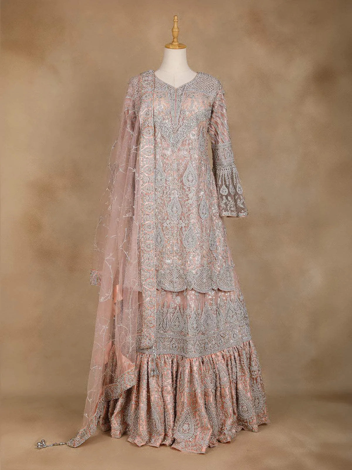 Pale Pink Bell Sleeve Bridal Lehenga with Floral Embroidery - Diadem