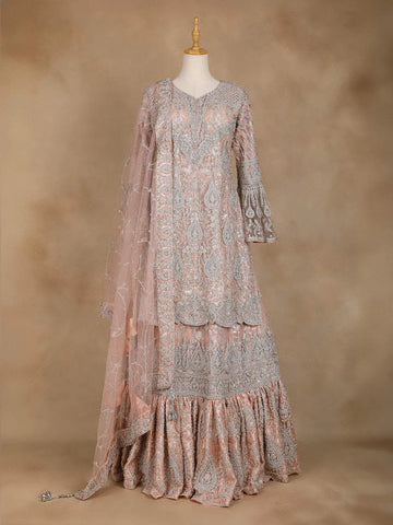 Pale Pink Bell Sleeve Bridal Lehenga with Floral Embroidery - Diadem