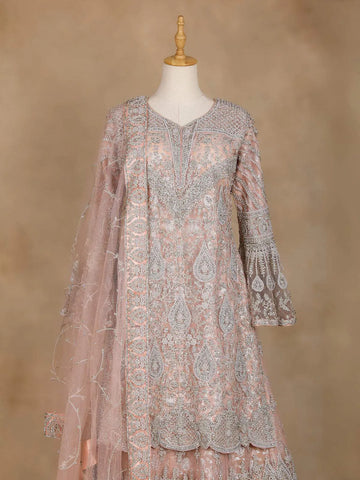 Pale Pink Bell Sleeve Bridal Lehenga with Floral Embroidery - Diadem