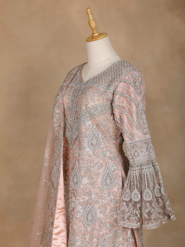 Pale Pink Bell Sleeve Bridal Lehenga with Floral Embroidery - Diadem