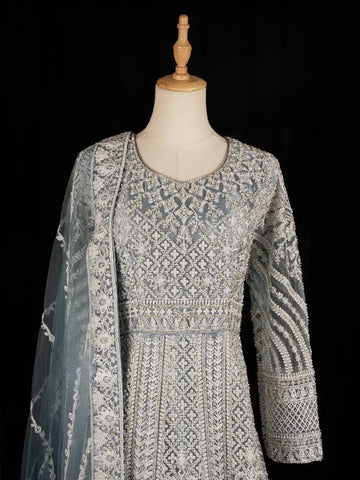Blue Grey Net Engagement Gown with Floral Embroidery Net Dupatta - Diadem
