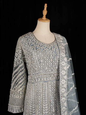 Blue Grey Net Engagement Gown with Floral Embroidery Net Dupatta - Diadem