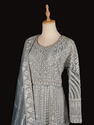 Blue Grey Net Engagement Gown with Floral Embroidery Net Dupatta - Diadem