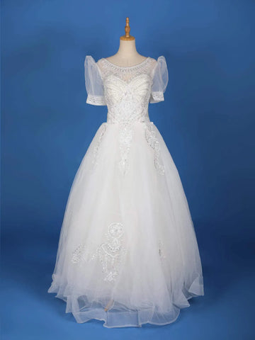 White Net Sequin Embroidery Wedding Gown, Puff Sleeve - Diadem