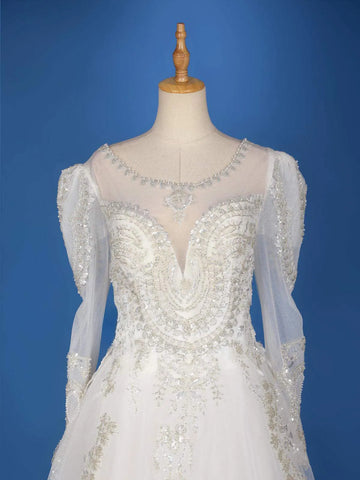White Net with Sequins Embroidery Wedding Gown - Diadem