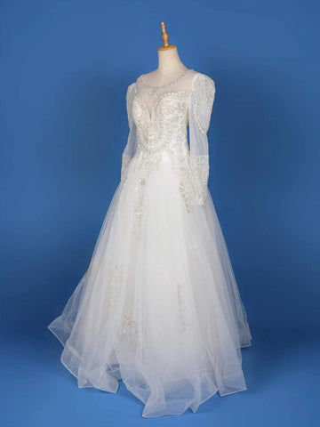 White Net with Sequins Embroidery Wedding Gown - Diadem