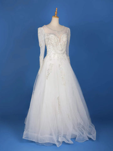 White Net with Sequins Embroidery Wedding Gown - Diadem