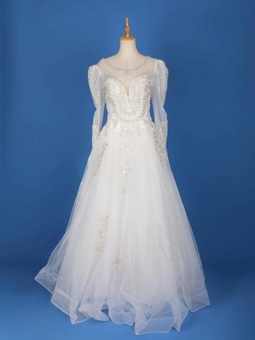 White Net with Sequins Embroidery Wedding Gown - Diadem