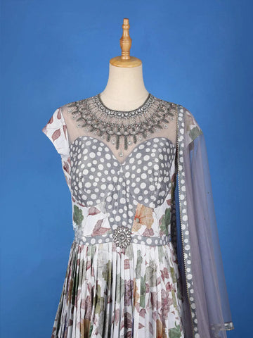 Grey Floral Printed and Embroidery Ethnic Gown - Diadem