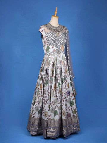 Grey Floral Printed and Embroidery Ethnic Gown - Diadem