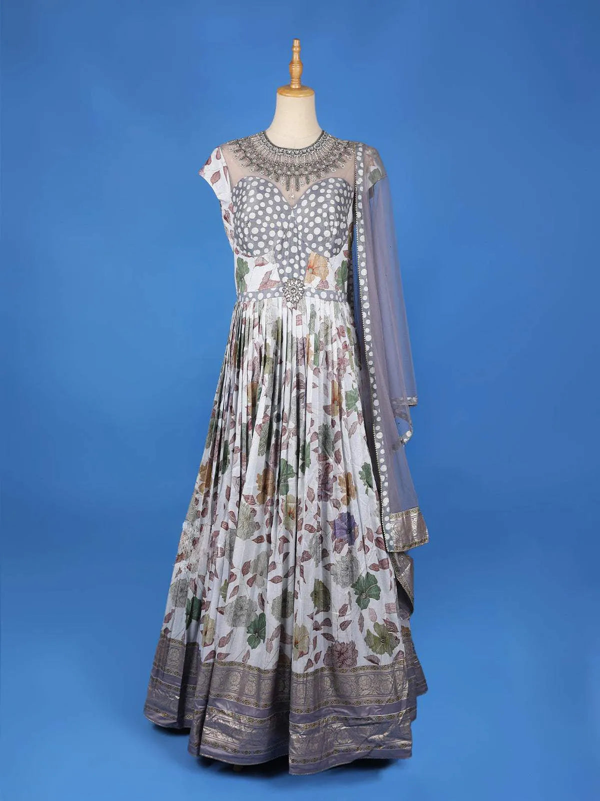 Grey Floral Printed and Embroidery Ethnic Gown - Diadem