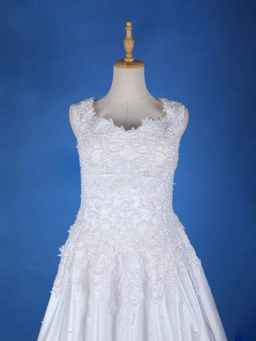 White Satin Floral Lace Designed Wedding Gown - Diadem