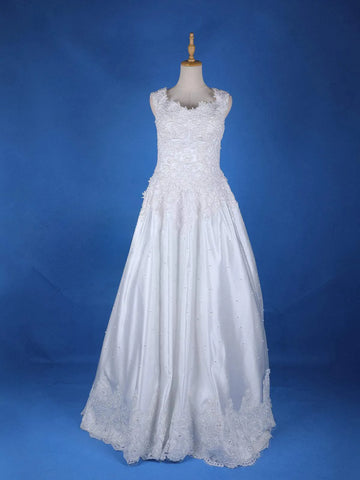 White Satin Floral Lace Designed Wedding Gown - Diadem