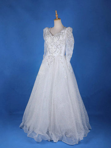 White Net Floral Sequin Embroidery Wedding Gown - Diadem