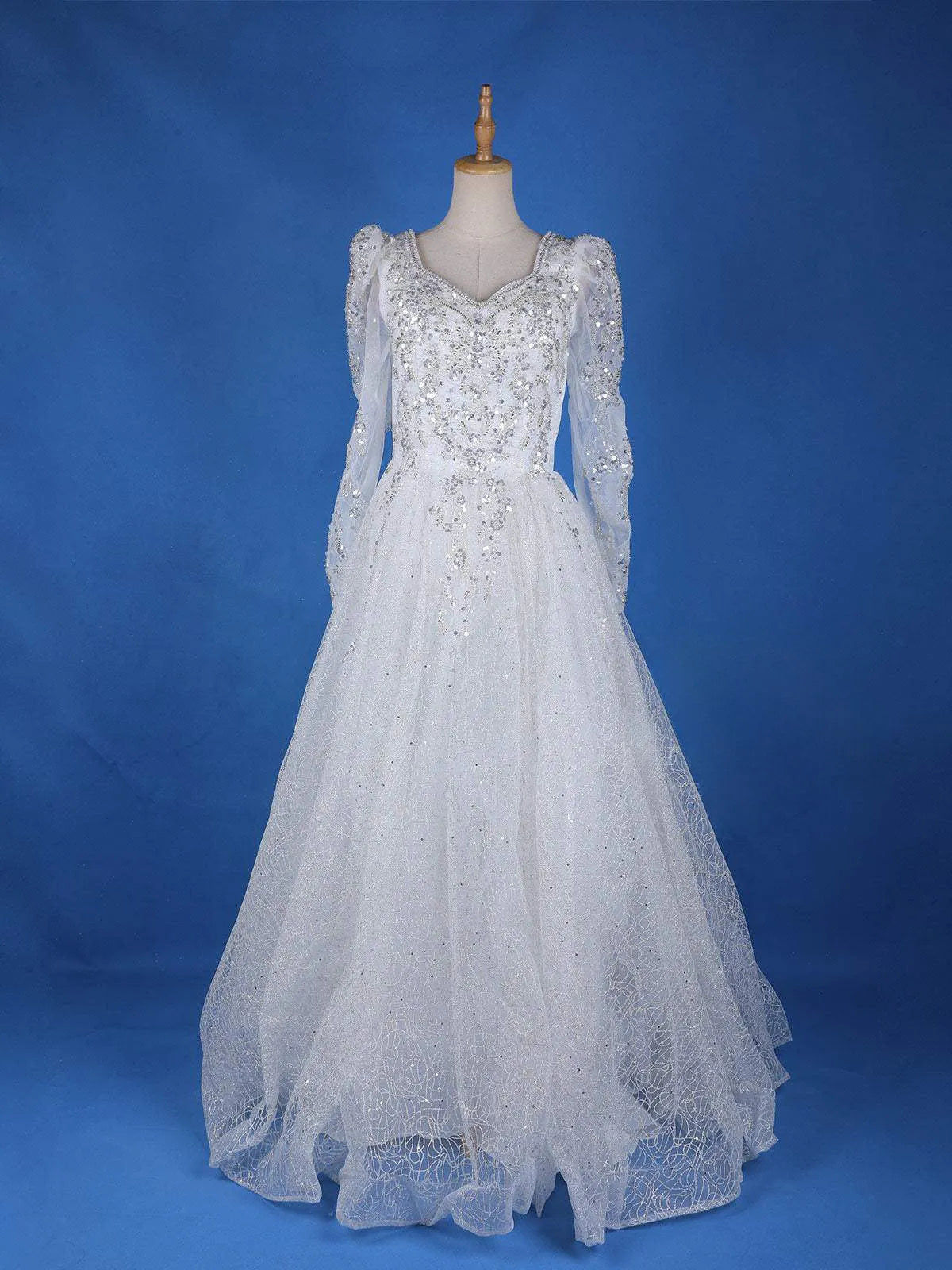 White Net Floral Sequin Embroidery Wedding Gown - Diadem