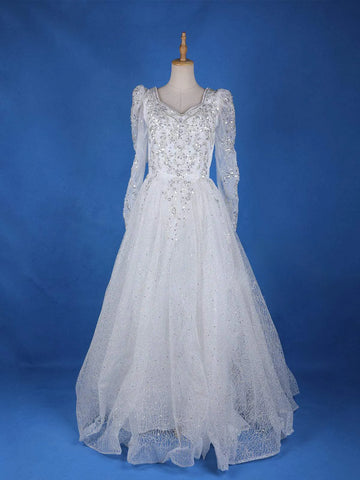 White Net Floral Sequin Embroidery Wedding Gown - Diadem