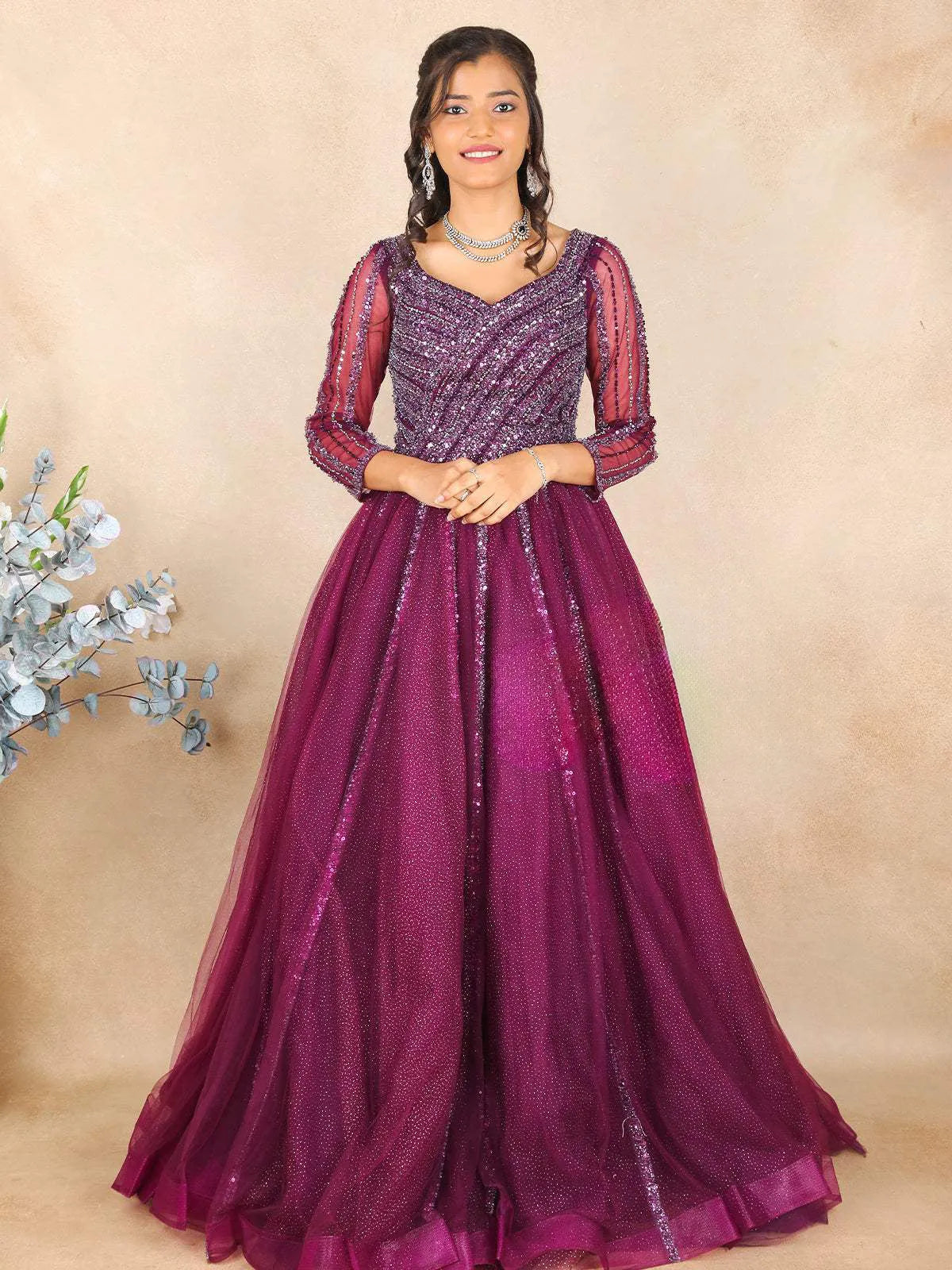 Dark Purple Sequins Embroidered Net Bridal Reception Gown | Diadem Dark Purple Sequins Embroidered Net Bridal Reception Gown | Diadem