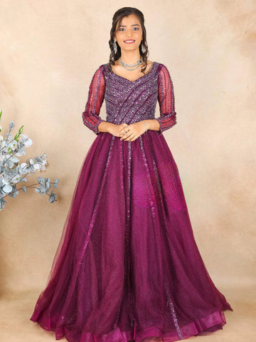 Dark Purple Sequins Embroidered Net Bridal Reception Gown - Diadem