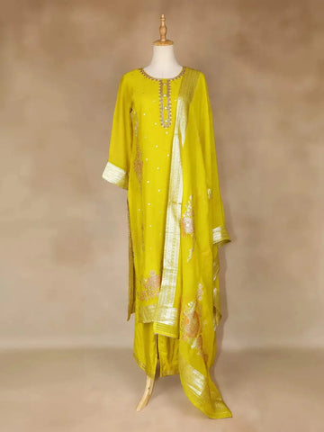 Yellow Straight Cut Salwar Suit Adorned With Floral Designs, with 3/4 Sleeve and Matching Dupatta - Diadem