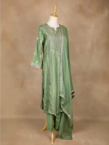 Pista Green Straight Cut Salwar Suit Adorned With Sequins and Floral Designs, with 3/4 Sleeve and Matching Dupatta - Diadem
