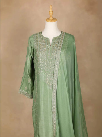 Pista Green Straight Cut Salwar Suit Adorned With Sequins and Floral Designs, with 3/4 Sleeve and Matching Dupatta - Diadem