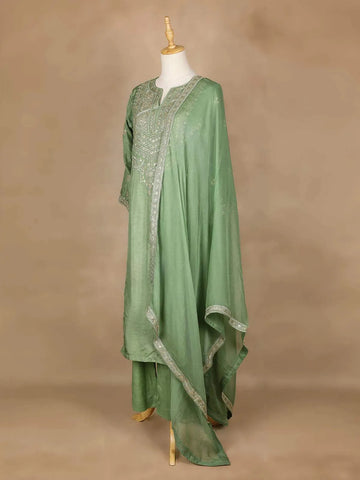 Pista Green Straight Cut Salwar Suit Adorned With Sequins and Floral Designs, with 3/4 Sleeve and Matching Dupatta - Diadem