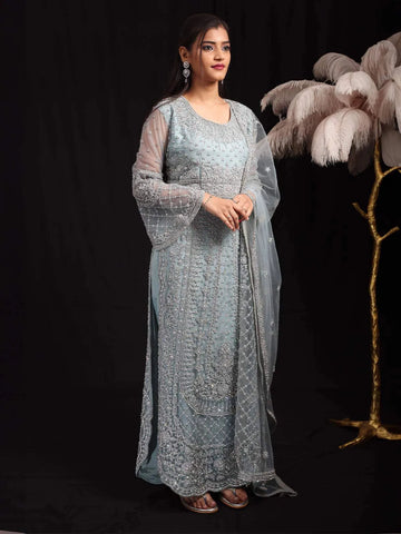 Light Blue Floral Embroidered Net Salwar Suit - Diadem