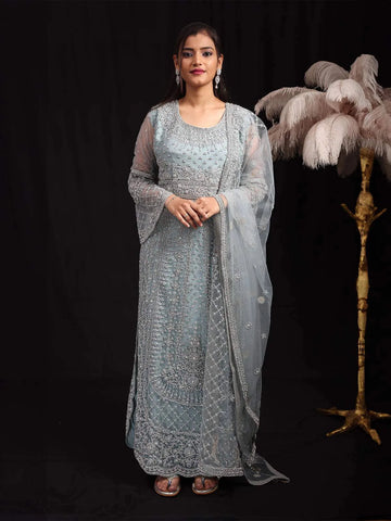 Light Blue Floral Embroidered Net Salwar Suit - Diadem