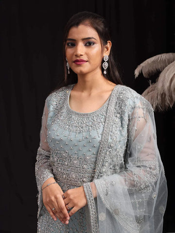 Light Blue Floral Embroidered Net Salwar Suit - Diadem