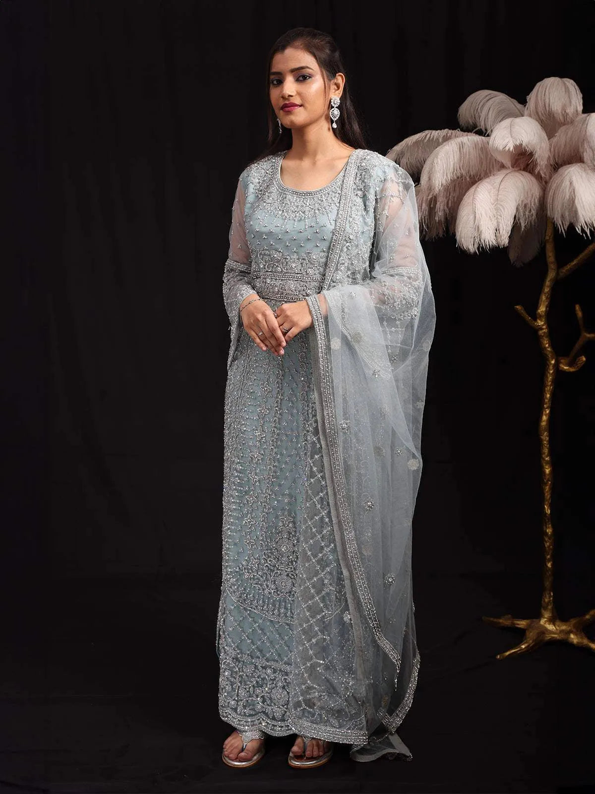 Light Blue Floral Embroidered Net Salwar Suit - Diadem