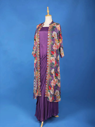 Purple Solid Gown paired with Embroidery Overcoat - Diadem