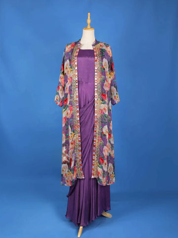 Purple Solid Gown paired with Embroidery Overcoat - Diadem