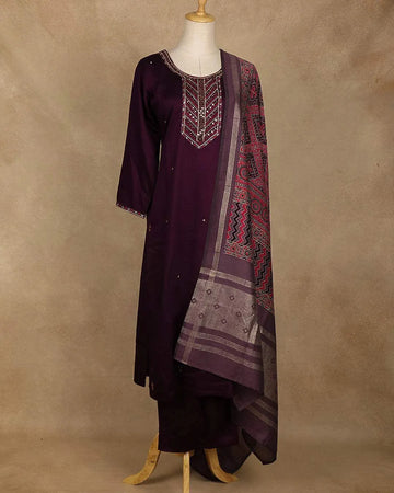 Wine Mirror Embroidered Straight Cut Salwar Suit - Diadem