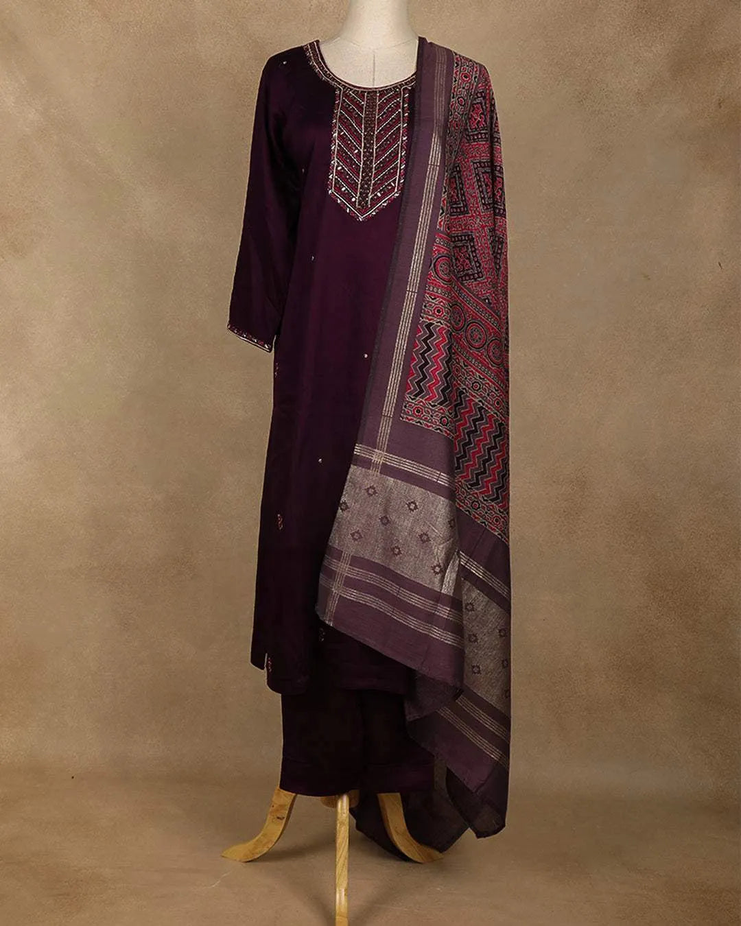 Wine Mirror Embroidered Straight Cut Salwar Suit - Diadem