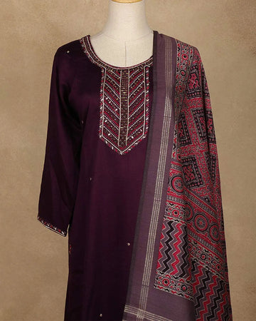 Wine Mirror Embroidered Straight Cut Salwar Suit - Diadem