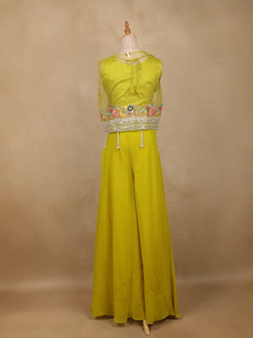 Lime Yellow Floral Sequins Embroidery Palazzo Suit - Diadem