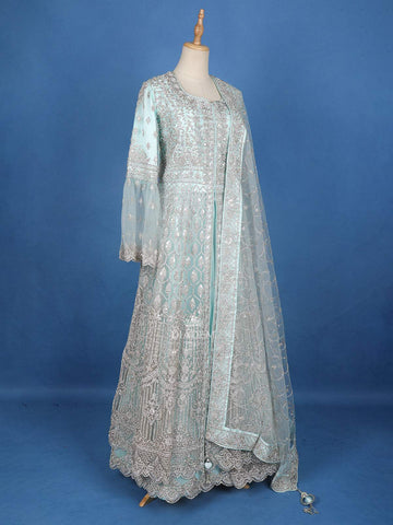 Aqua Blue Designer Net Wedding Bridal Lehenga with Floral Embroidery - Diadem