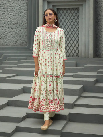 White Floral Printed Synthetic Salwar Suit - Diadem