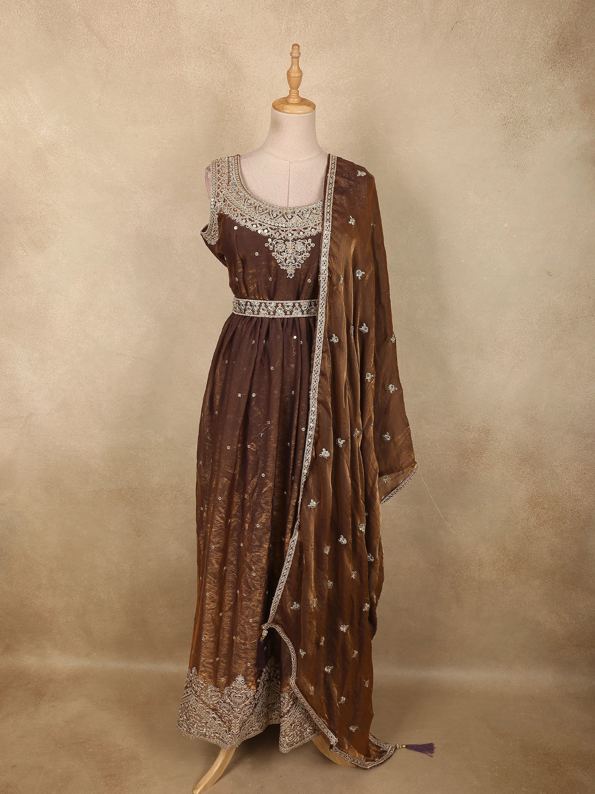 slim fit dress slacks Antique Bronze Brown Beads and Mirror Embroidered Design Organza Party Wear  Gown with Hip Belt