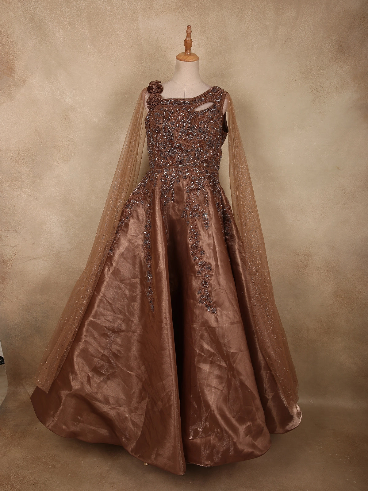 sachin and babi light blue dress Antique Bronze Brown Heavy sequins and Beads Embroidered Design Satin Engagement  Gown