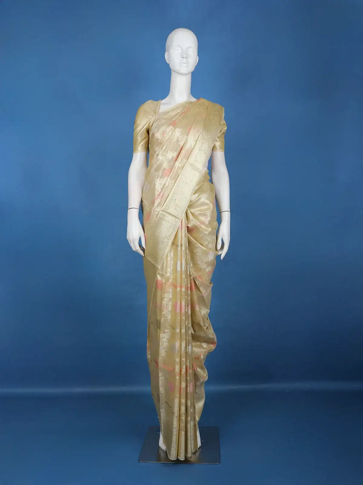 Antique Gold Floral Design Semi Tissue Saree - Diadem