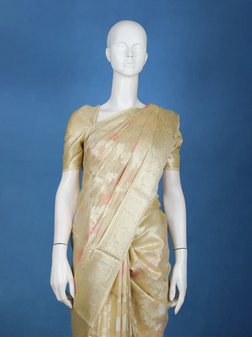 Antique Gold Floral Design Semi Tissue Saree - Diadem