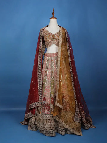 Antique Gold Sequin Embroidery Bridal Net Lehenga - Diadem