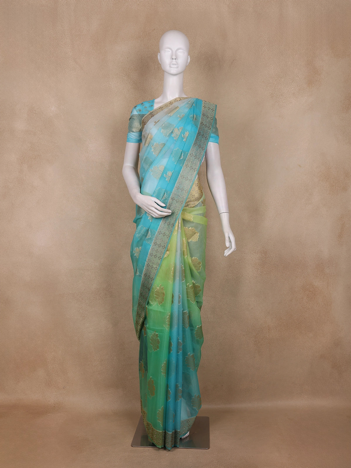 Aqua Blue And Lime Green Floral Leaf Butta Design Organza Saree