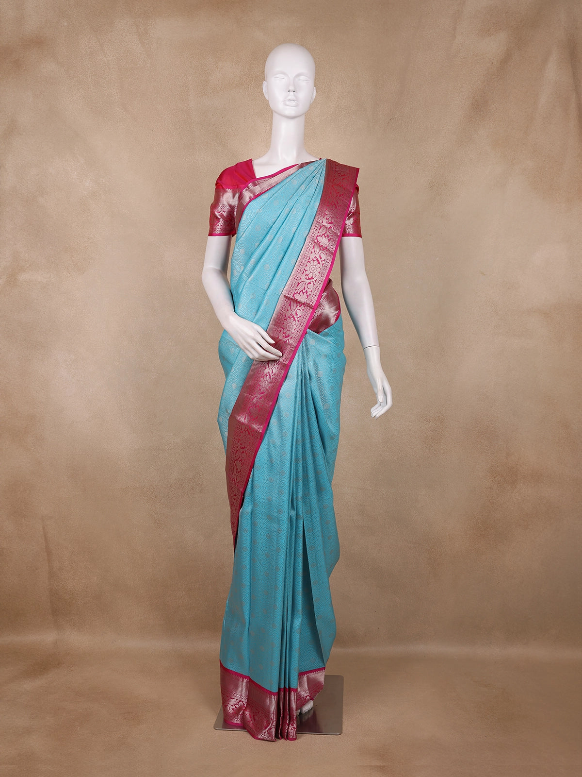 Aqua Blue Butta Woven Design Kanchipuram Silk Saree With Korvai Silver Border