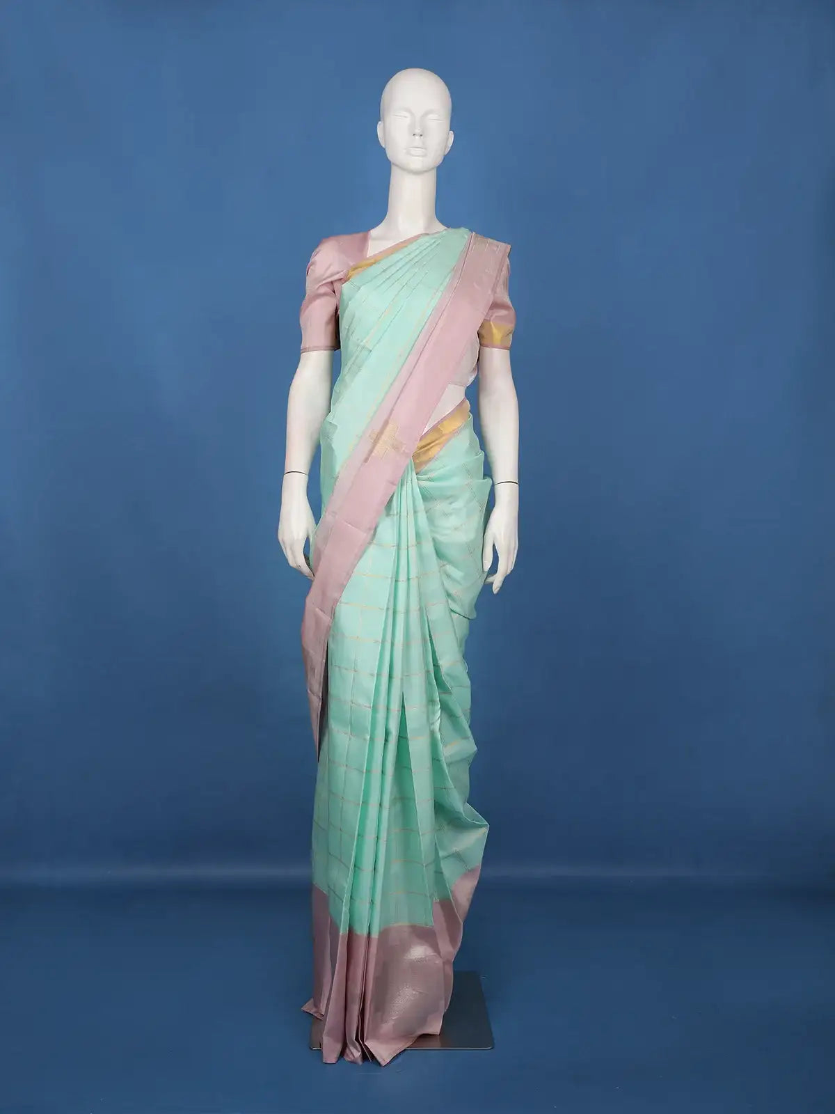 Aqua Blue Checked Woven Pure Kanchipuram Silk Saree with Contrast Border - Diadem
