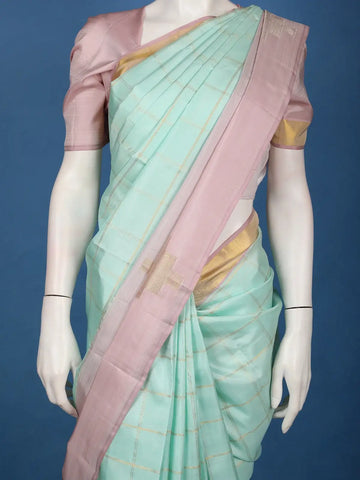 Aqua Blue Checked Woven Pure Kanchipuram Silk Saree with Contrast Border - Diadem
