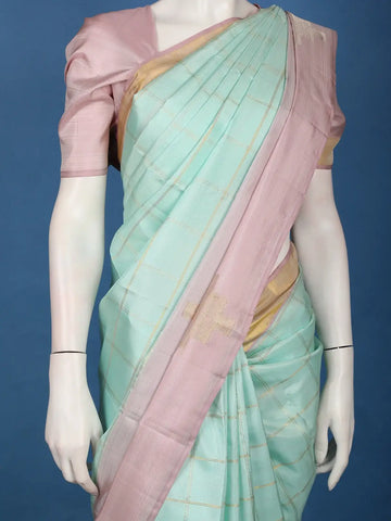 Aqua Blue Checked Woven Pure Kanchipuram Silk Saree with Contrast Border - Diadem