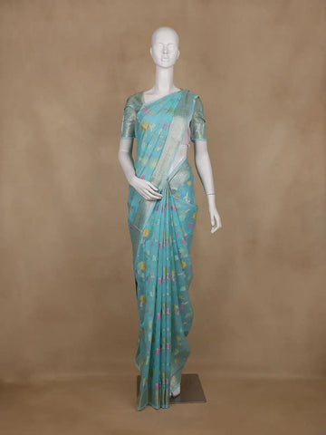 Aqua Blue Floral Designed Art Silk Saree - Diadem